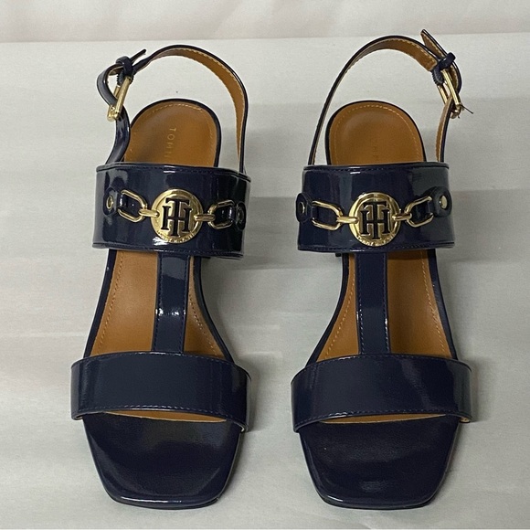 NEW Tommy Hilfiger Patent Leather Sandals Square Toe Ankle Strap Navy Blue 10 - Picture 1 of 7